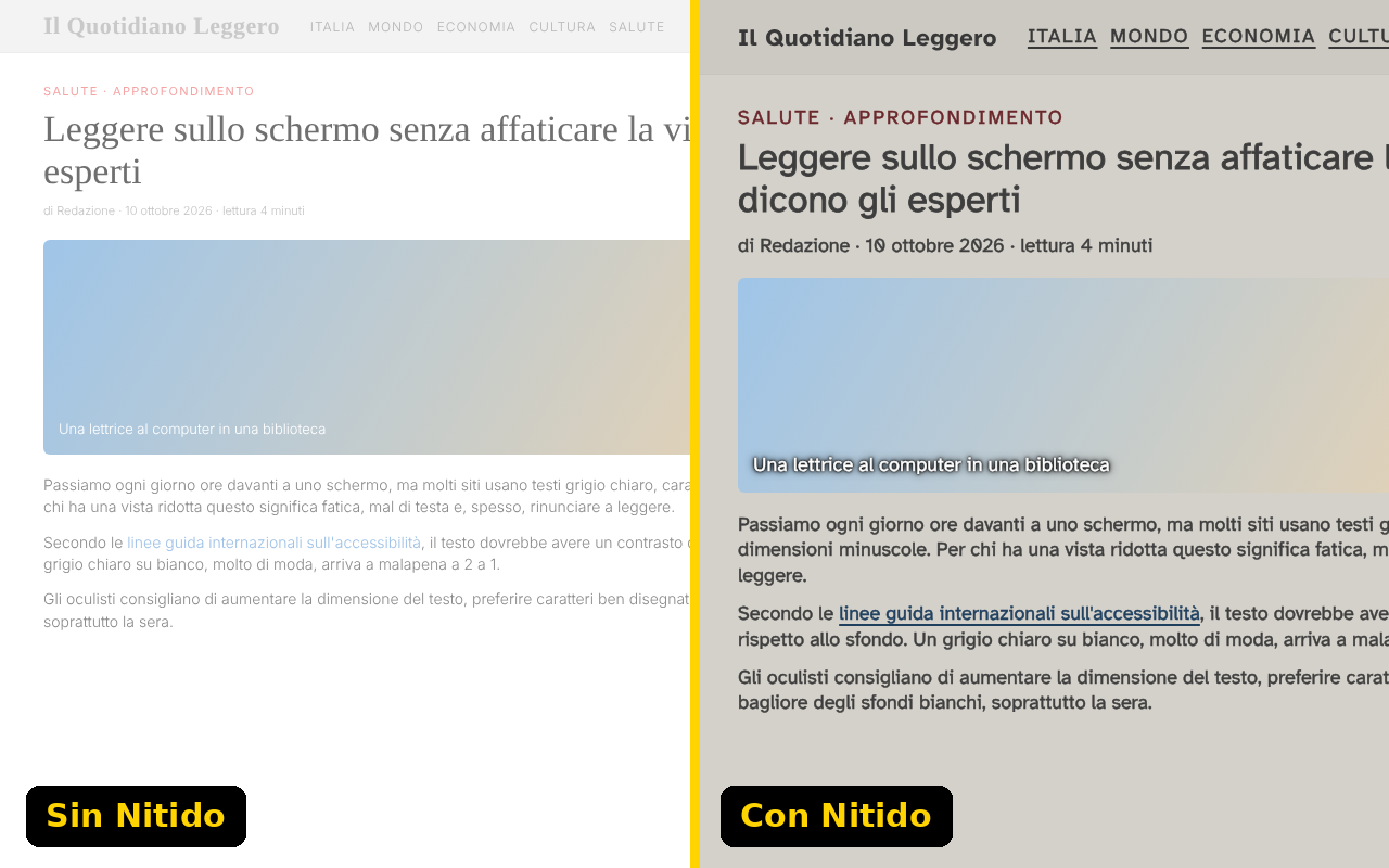 Comparación: a la izquierda un artículo con texto gris claro y diminuto, a la derecha el mismo artículo con Nitido, oscuro, más grande y fácil de leer.