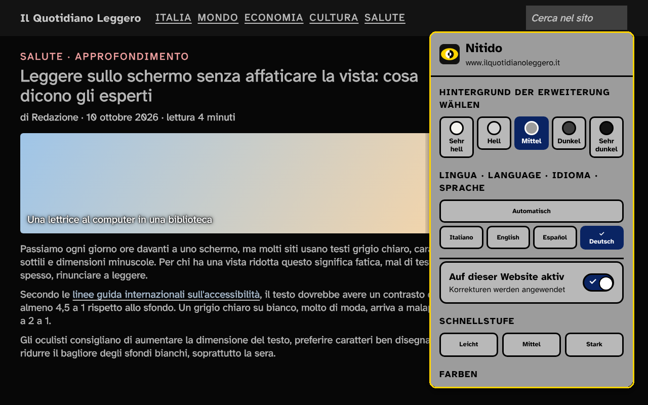 Eine Website mit dunklen Hintergründen und rechts das Nitido-Menü mit Auswahl von Hintergrund, Sprache und Schnellstufen.