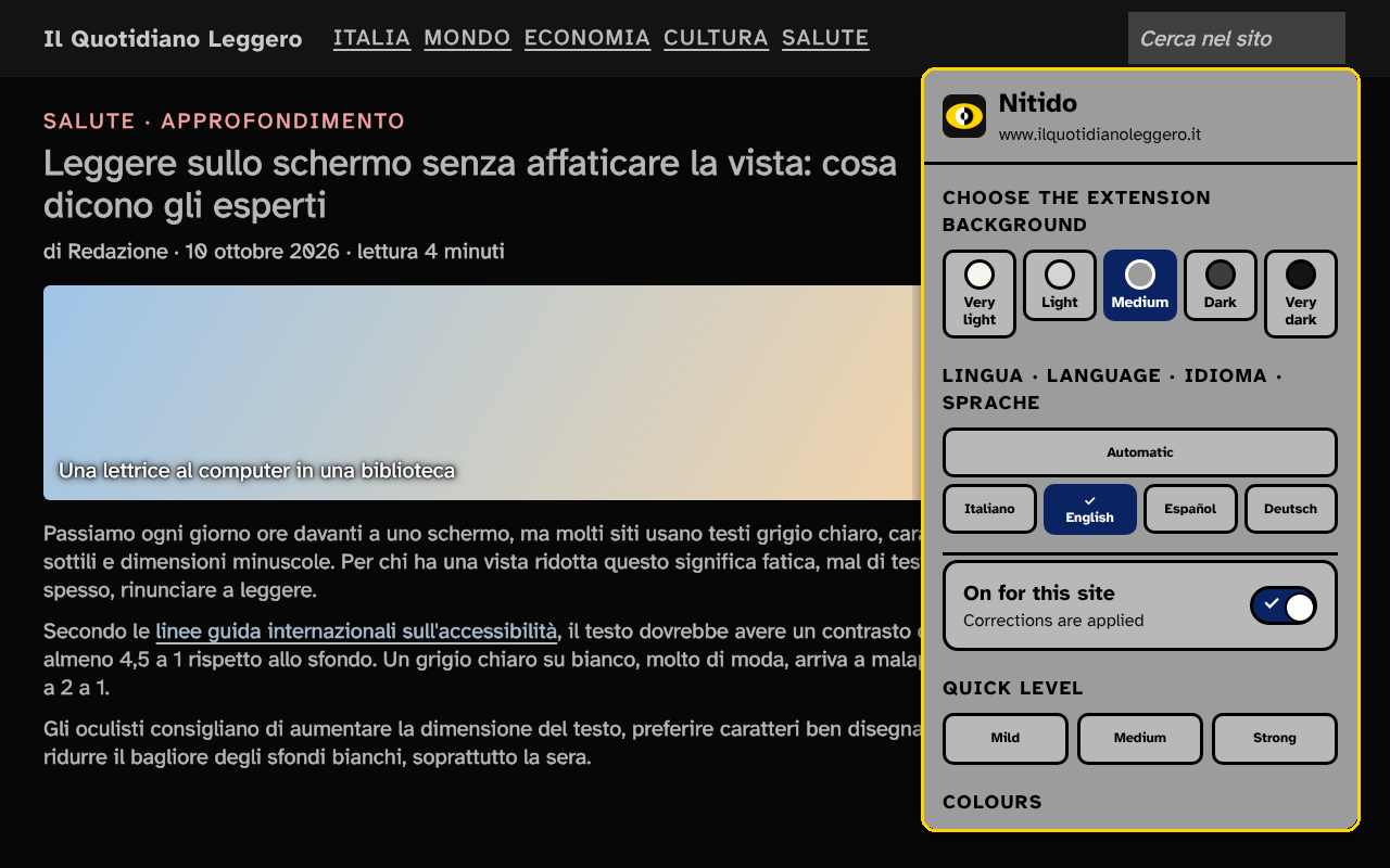 A website with dark backgrounds and, on the right, the Nitido menu with the choice of background, language and quick levels.