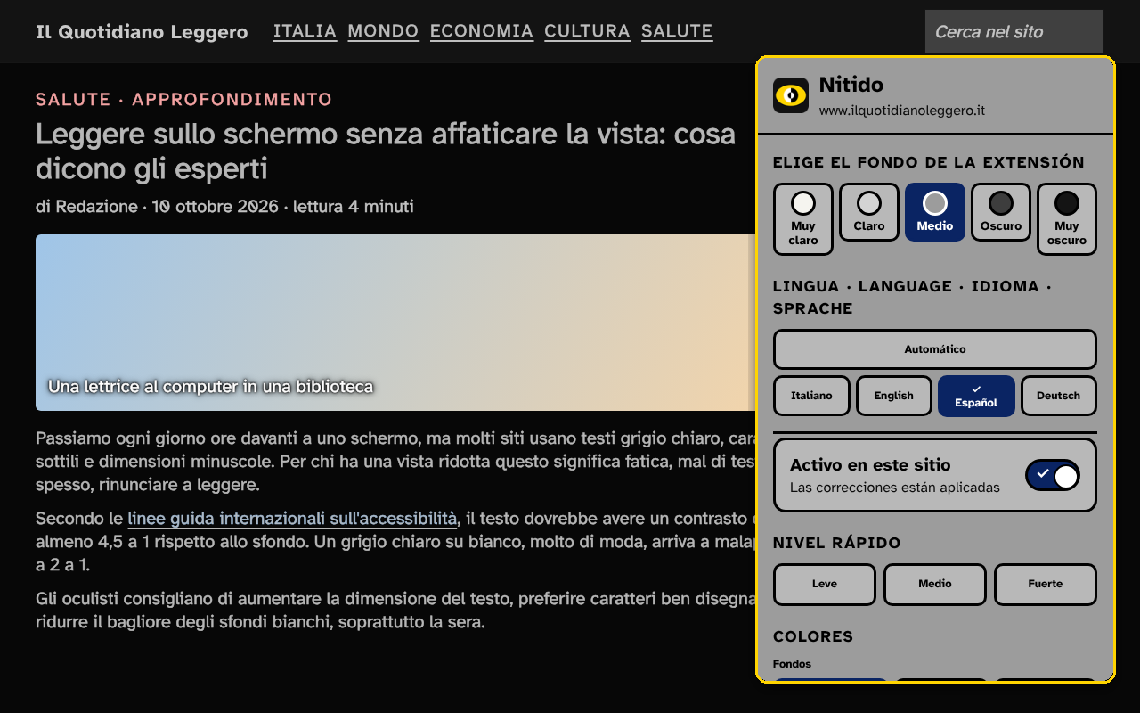 Un sitio con fondos oscuros y, a la derecha, el menú de Nitido con la elección del fondo, del idioma y de los niveles rápidos.