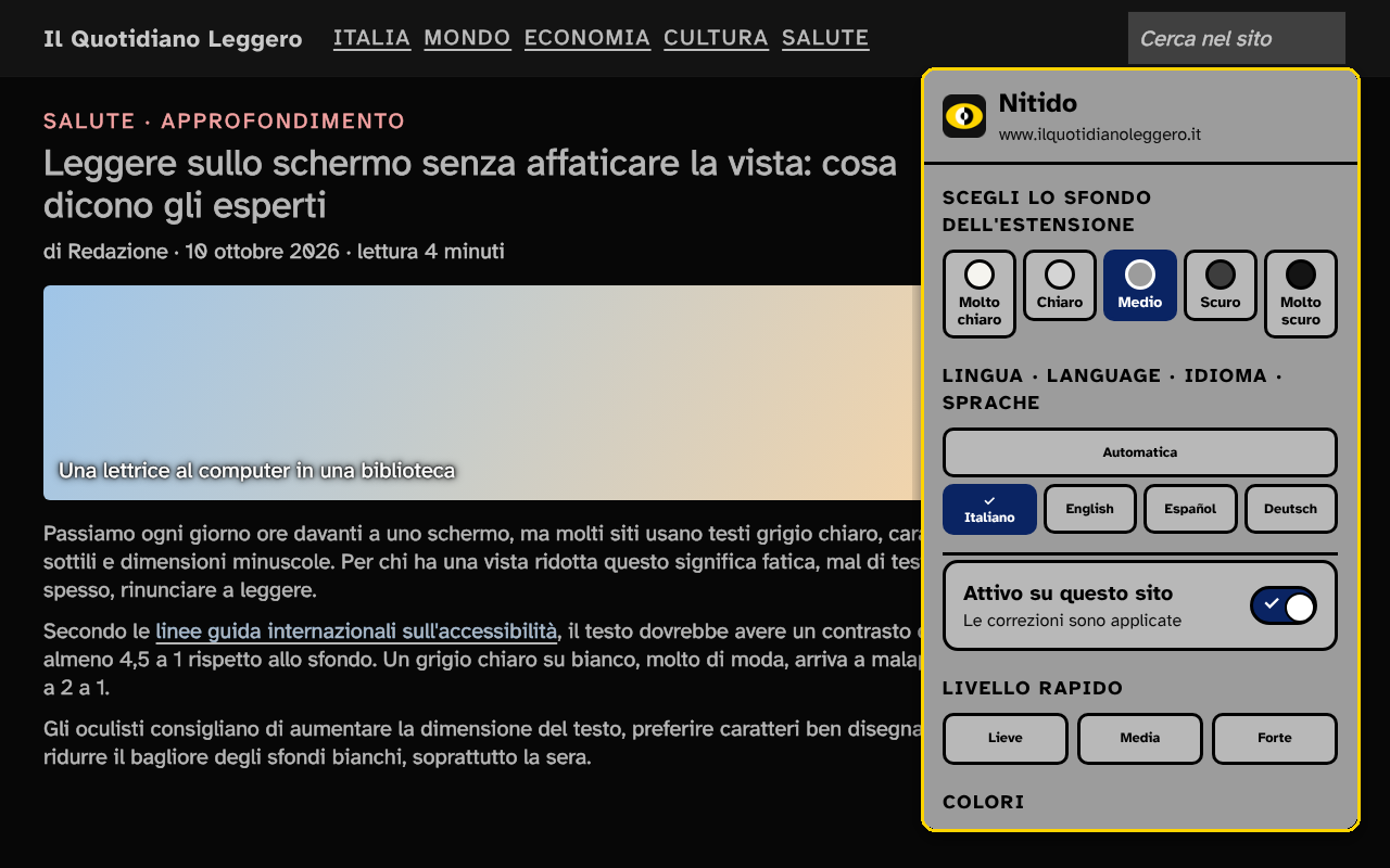 Sito con sfondi scuri e, a destra, il menu di Nitido con la scelta dello sfondo, della lingua e dei livelli rapidi.